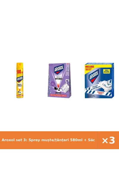 Aroxol set 3: Spray muște/țânțari 580ml + Săculeți antimolii 4 buc + Aparat e...