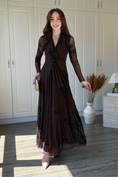 Dilay Gökoğlu Butik Double-Breasted Collar Patterned Glittery Maxi Tulle Slit Brown Dress