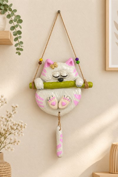 poyata TASARIM El Boyaması Uykucu Kedi Duvar Süsü | Dekoratif Asılı Kedi Figü...