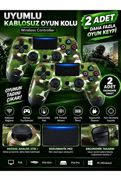 VEROXA Ps4 Uyumlu 2’li Kablosuz Oyun Kolu Dual Titreşimli Dokunmatik Pad Pc U...