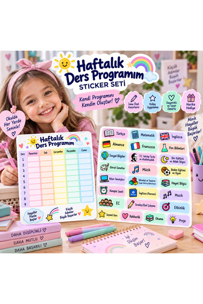 CraftSticker Haftalık Ders Programı Sticker Seti - Gökkuşağı Tema