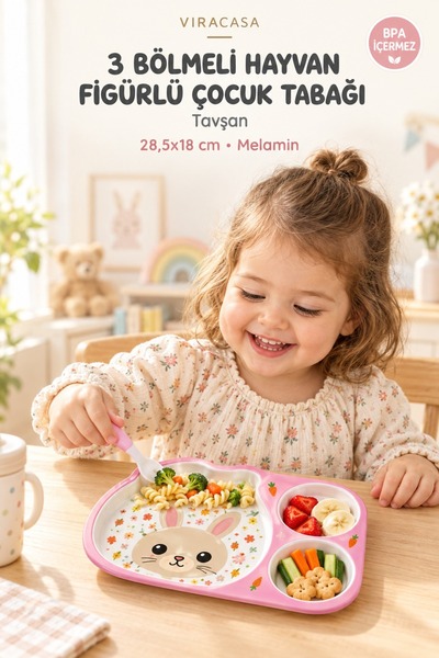viracasa Hayvan Figürlü 3 Bölmeli Çocuk Tabağı Melamin Mama Beslenme Tabağı B...