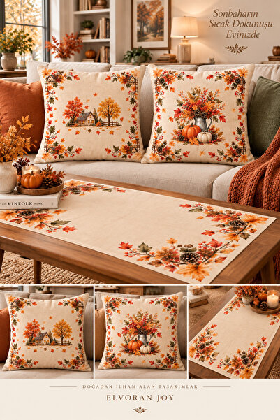 ELVORAN JOY Sonbahar Temalı 3’lü Dekoratif Set – 2 Adet 43x43 cm Kırlent Kılı...