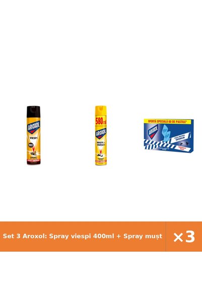 Aroxol Set 3 Aroxol: Spray viespi 400ml + Spray muște/tânțari 580ml + Pastile...