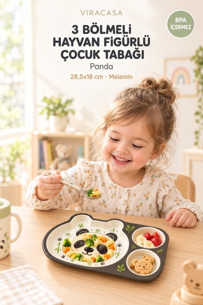 viracasa Hayvan Figürlü 3 Bölmeli Çocuk Tabağı Melamin Mama Beslenme Tabağı B...