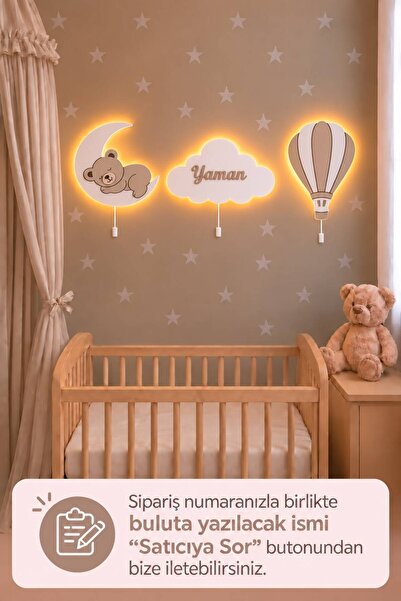 BugyBagy El Boyaması Ahşap Çocuğun İsmine Özel 3’lü Pilli Ledli Gece Lamba Se...