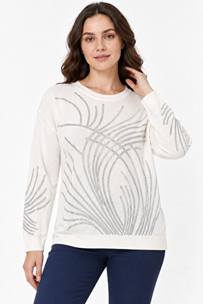 EtkiModa Women's Long Sleeve Knitwear Blouse with Stone Print on Front and Sl...