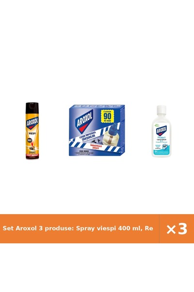 Aroxol Set 3 produse: Spray viespi 400 ml, Rezervă țânțari 2x45 ml, Loțiune i...