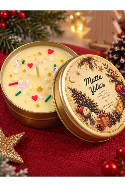 Yılbaşı Temalı Dekoratif Soya Mum – Gold Teneke – Portakal Aromalı – El Yapımı