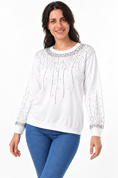 EtkiModa Women's Long Sleeve Knitwear Blouse with Stone Print on Front and Sl...