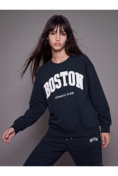 LC Waikiki Peak New Season Navy Blue Boston Embroidered Oversize Women's Swea...