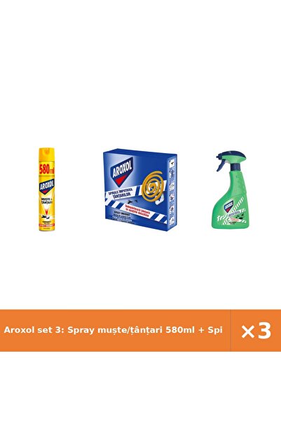 Aroxol set 3: Spray muște/țânțari 580ml + Spirale țânțari 10 buc + Lichid ins...