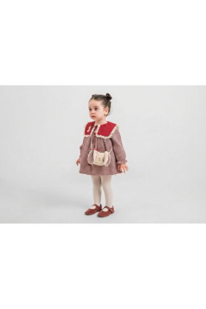 Kız Çocuk Bordo Ekose Dantel Yakalı Peluş Çantalı Elbise