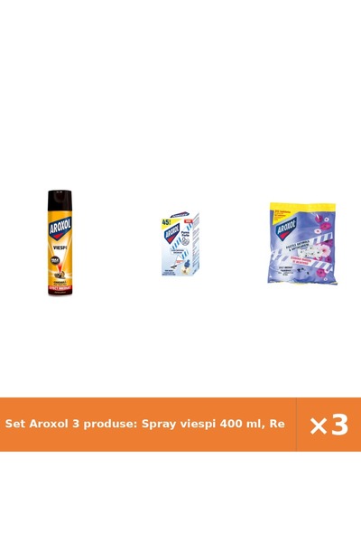 Aroxol Set 3 produse: Spray viespi 400 ml, Rezervă țânțari 1 buc, Pastile ant...