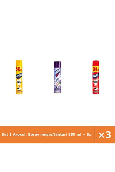 Aroxol Set 3 Aroxol: Spray muște/tânțari 580 ml + Spray antimolii 250 ml + Sp...