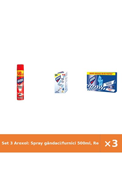 Aroxol Set 3 Aroxol: Spray gândaci/furnici 500ml, Rezervă țânțari 1buc, Pasti...