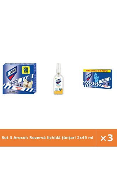 Aroxol Set 3 Aroxol: Rezervă lichidă țânțari 2x45 ml + soluție lichidă insect...