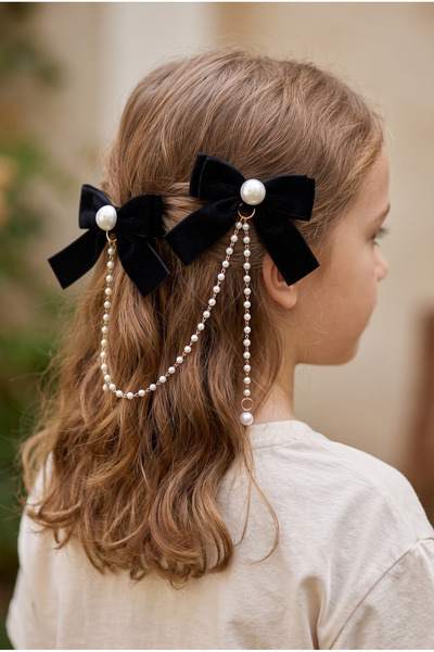 Cinderella Accessories 2'li İncili Sallantılı Siyah Fiyonk Pens Toka Seti - Z...