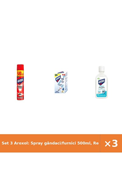 Aroxol Set 3 Aroxol: Spray gândaci/furnici 500ml, Rezervă țânțari 1buc, Loțiu...