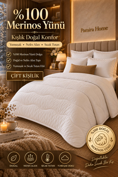 Pamira Home Çift Kişilik Kışlık %100 Merinos Yün Yorgan | Ekstra Dolgun, Sıca...