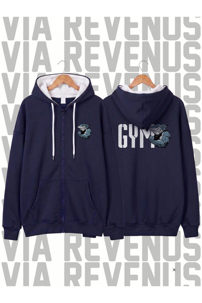 Vordevia Gym Muscle Shark Printed Unisex Zippered Hooded Sweatshirt Cardigan