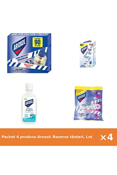 Aroxol Pachet 4 produse Aroxol: Rezerve tânțari, Loțiune insecte, Pastile ant...