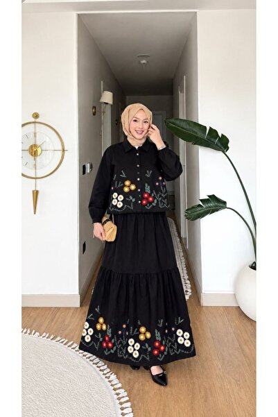 Nes Moda Kadın Nakış Detaylı Keten Tesettür Gömlek Etek Takım Elbise