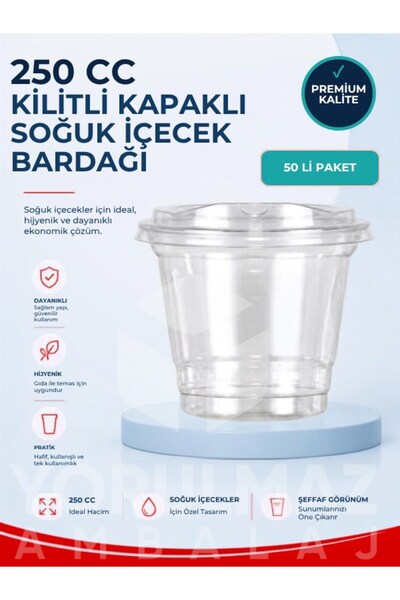 yorulmaz ambalaj 🥤 250 CC Kilitli Kapaklı Plastik Bardak 50 Adet | Şeffaf So...
