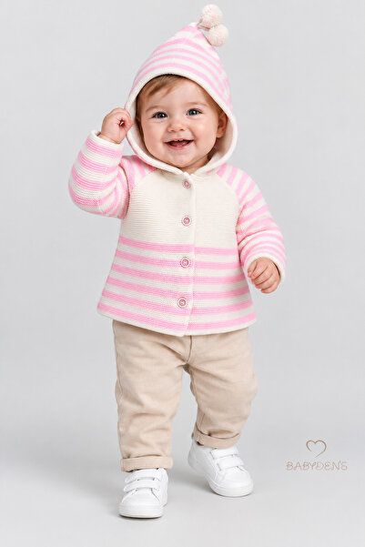 BABYDEN'S Hooded Pompom Knitted Baby Cardigan Buttoned Patterned Knitwear Jac...