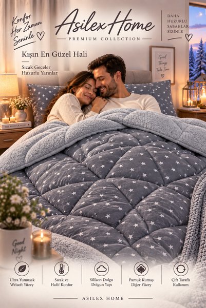 Asilex Home Collection Single Welsoft Quilt Star Patterned Silicone Filled Double-Sided Cotton Fabric Winter Quilt