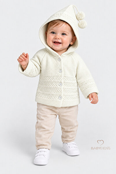 BABYDEN'S Hooded Pompom Knitted Baby Cardigan Buttoned Patterned Knitwear Jac...