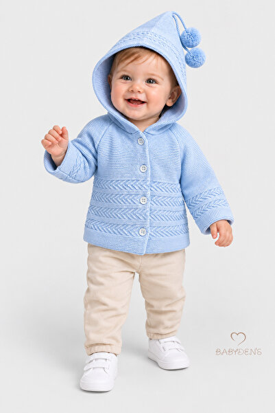 BABYDEN'S Hooded Pompom Knitted Baby Cardigan Buttoned Patterned Knitwear Jac...