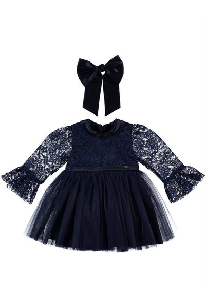 ZeZe Kid Girl's Navy Blue Lace Tulle 100% Cotton Lined Stylish Special Occasion Dress and Buckle Gift