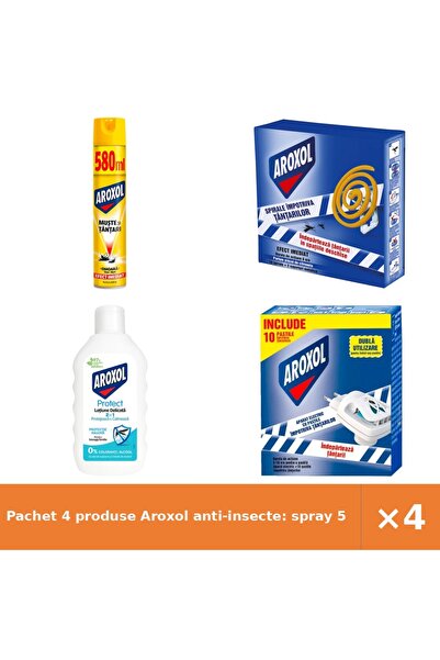 Aroxol Pachet 4 produse anti-insecte: spray 580 ml, spirale 10 buc, lotiune 2...