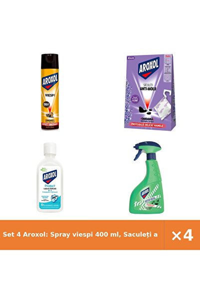Aroxol Set 4 Aroxol: Spray viespi 400 ml, Saculeți antimolii Lavanda 4 buc, L...