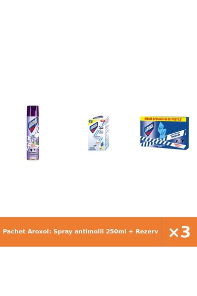 Aroxol Pachet Aroxol: Spray antimolii 250ml + Rezervă țânțari 1buc + Pastile ...