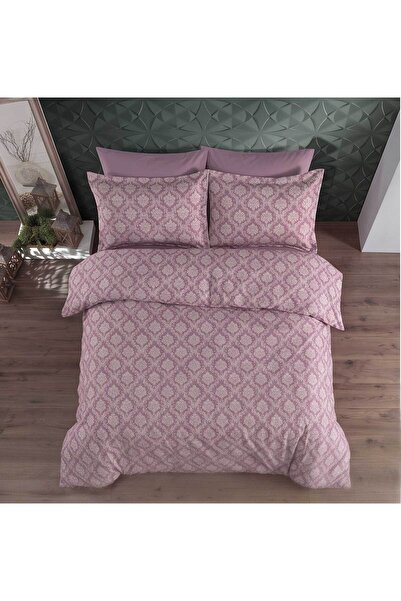 CANDAN ÇEYİZ Damask Desenli Lastikli Çarşaflı Premium Çift Kişilik Nevresim Takımı Gül Kurusu