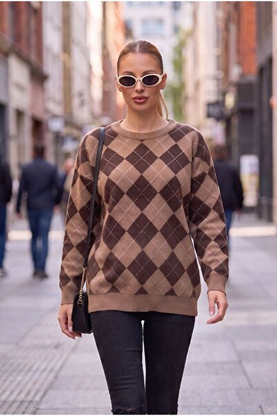 AYASOFYA OTANTIK Women's Round Neck Diamond Patterned 100% Acrylic Knitwear B...