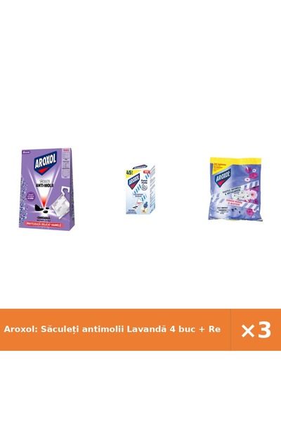 Aroxol : Săculeți antimolii Lavandă 4 buc + Rezervă lichidă țânțari + Pastile...