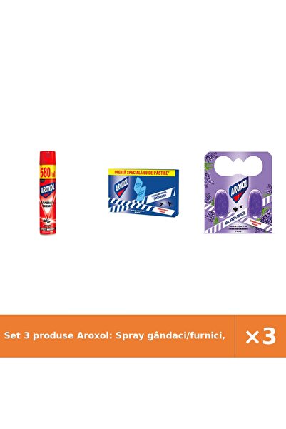 Aroxol Set 3 produse Aroxol: Spray gândaci/furnici, Pastile țânțari 60 buc, G...