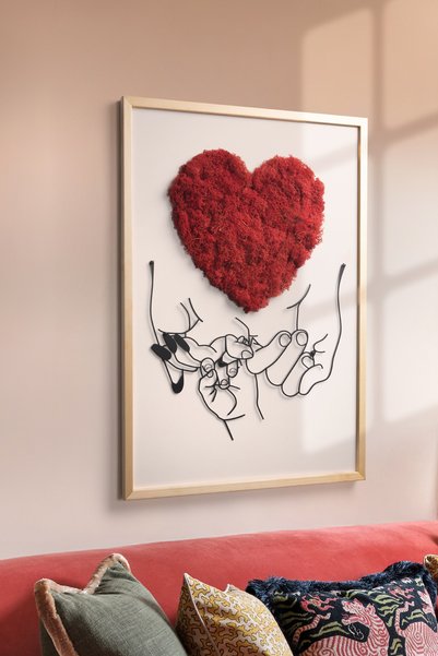 DEKORENZO Metal Duvar Tablosu Kırmızı Kalpli Yosunlu 50x70 cm Hediye
