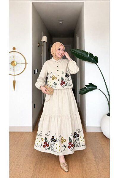 Nes Moda Kadın Nakış Detaylı Keten Tesettür Gömlek Etek Takım Elbise