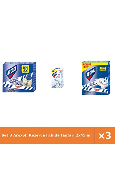 Aroxol Set 3 Aroxol: Rezervă lichidă țânțari 2x45 ml + rezervă 1 buc + aparat...