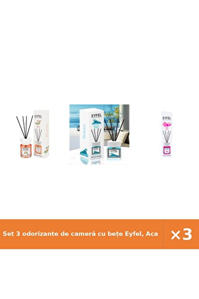 Eyfel Set 3 odorizante de cameră cu bețe Eyfel, Acacia, Ocean, Bubble Gum, 3x...