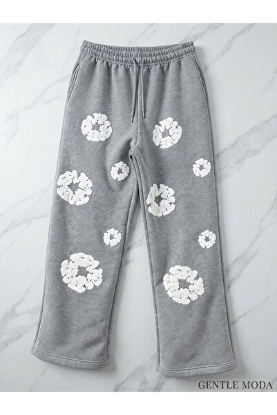 JANTIL MODA Unisex Oversize 3D Puffy Floral Detailed 3 Thread Sweatpants