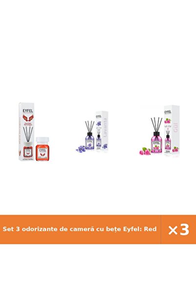 Eyfel Set 3 odorizante de cameră cu bețe Eyfel: Red Dragon, Lavandă, Trandafi...