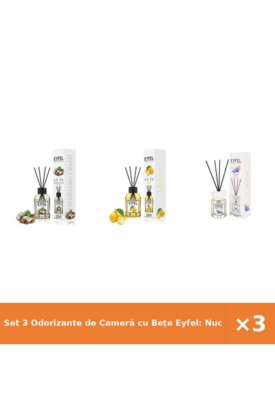 Eyfel Set 3 Odorizante de Cameră cu Bețe Eyfel: Nucă de Cocos, Lămâie, Orhide...