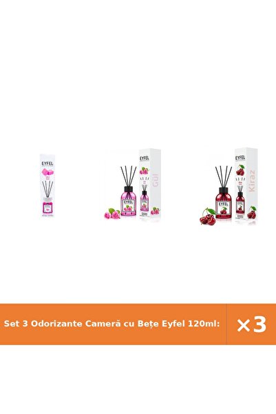 Eyfel Set 3 Odorizante Cameră cu Bețe 120ml: Bubble Gum, Trandafir, Cireșe