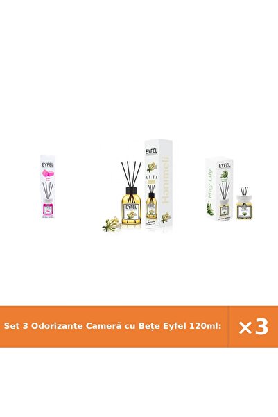 Eyfel Set 3 Odorizante Cameră cu Bețe 120ml: Bubble Gum, Măna Maicii Domnului...