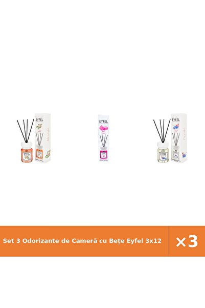 Eyfel Set 3 Odorizante de Cameră cu Bețe 3x120 ml - Acacia, Bubble Gum, Orhidee